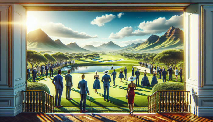 Influential personalities in elegant attire mingle at Killarney Country Club's manicured golf course in South Africa under a sunny sky.