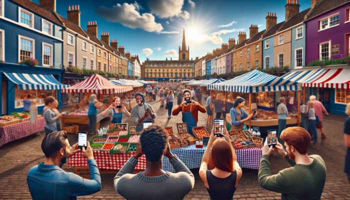 A lively market square in Midsomer Norton showcasing historic Georgian architecture, vibrant stalls, and marketers capturing Instagram moments beneath a sunny sky.
