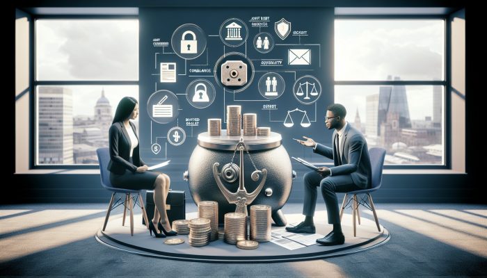 In a modern UK bank office, a diverse couple consults a financial advisor about joint debt consolidation, with charts and security symbols.