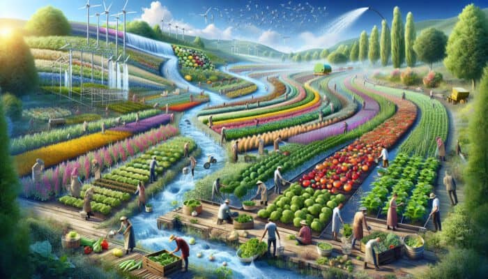 A lush biodiverse farm with thriving plants, people harvesting vegetables, and abundant water under a clear blue sky.