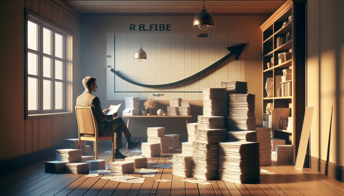 Relieved UK individual in a cozy home office, surrounded by organized documents and a downward-trending debt graph, symbolizing financial stability.