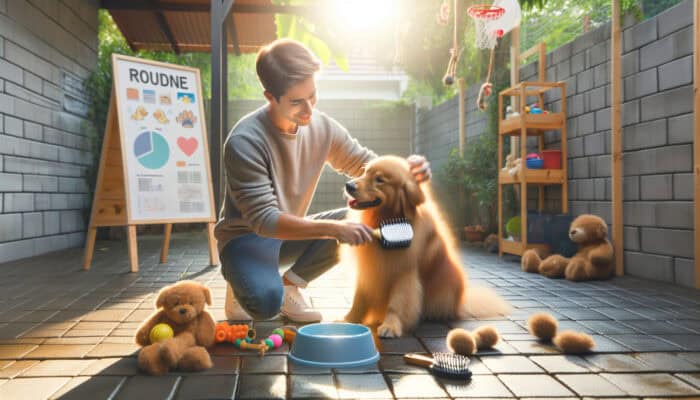 A pet sitter gently brushes a fluffy golden retriever in a sunlit backyard, surrounded by toys and a water bowl.