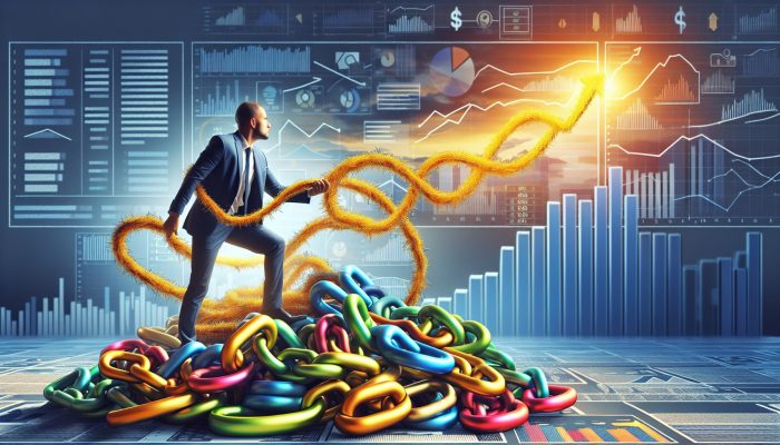 A determined person in a modern office untangles colorful debt chains into a golden rope, with a rising graph and sunny horizon.