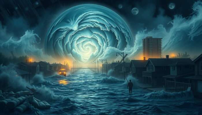 A Category 5 hurricane batters a coastal city at night, with towering waves flooding streets, wind-swept buildings, and emergency teams responding.