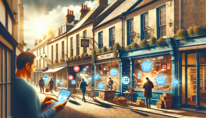 A bustling street in historic Shepton Mallet with shops thriving under sunny skies, business owners updating Google My Business on laptops, and locals leaving reviews on smartphones.