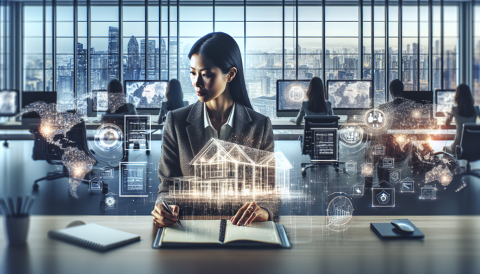 A real estate analyst working in a modern office, surrounded by screens displaying property listings, graphs, and maps, jotting down notes with city views.