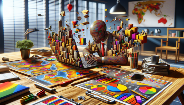A focused buyer in a contemporary South African office reviewing a laptop displaying Prop Data graphs, maps, and newspapers on the desk.
