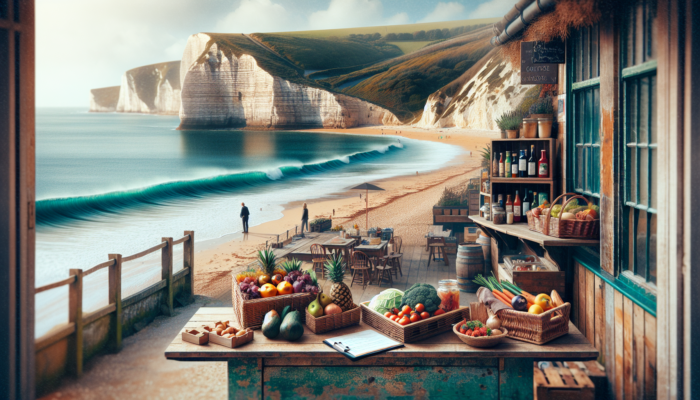 Quaint café in Swanage, UK, overlooking dramatic coastal cliffs and turquoise waves; inside, fresh local ingredients artfully displayed.