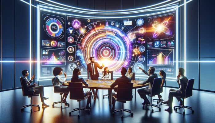 Professionals in smart attire discuss infographic videos in a modern conference room, surrounded by glowing screens showing animated charts and vibrant visuals.