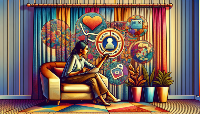 Illustration of a small business owner planning a social media strategy on a whiteboard, outlining steps for content creation, audience targeting, and analytics, surrounded by laptop icons of Instagram, Twitter, and Facebook.