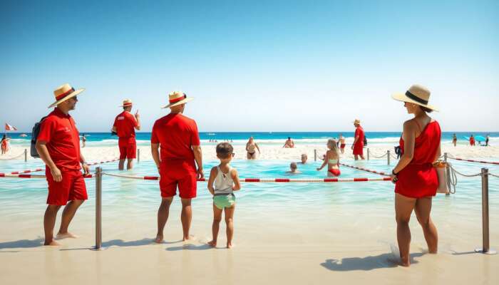 A beach scene featuring lifeguards in red uniforms overseeing swimmers in designated areas, with families enjoying the bright sun under protective hats and sunglasses.