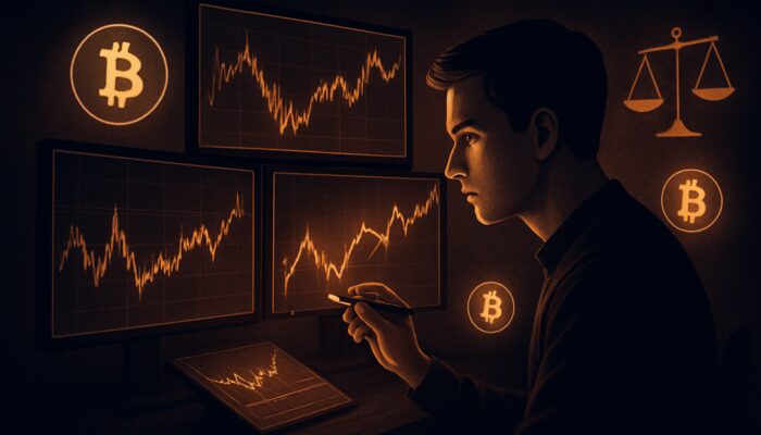 Crypto trader analysing volatile charts, marking entry and exit points with glowing lines and Bitcoin symbols.