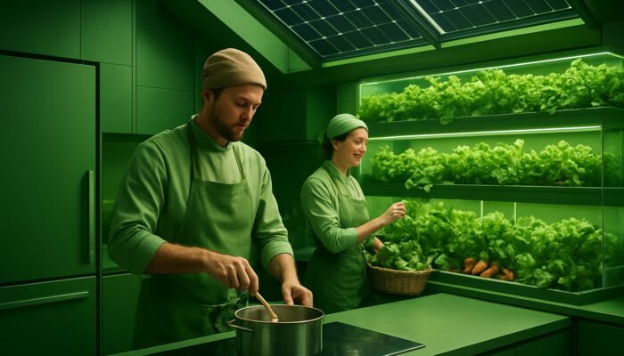 Futuristic kitchen in 2025 equipped with solar appliances, hydroponic gardens, and eco-friendly chefs, illustrated in green tones.