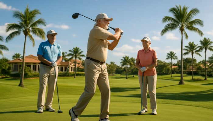 Elderly golfers teeing off on lush fairways at a sunny resort with palm trees and clubhouses.