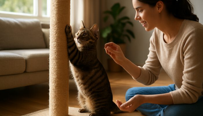 Tabby cat scratching sisal post with owner offering treat in sunlit living room.