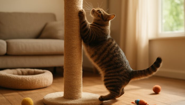 Playful cat scratching tall sisal post, leaping amid toys and cozy bed in sunny living room.