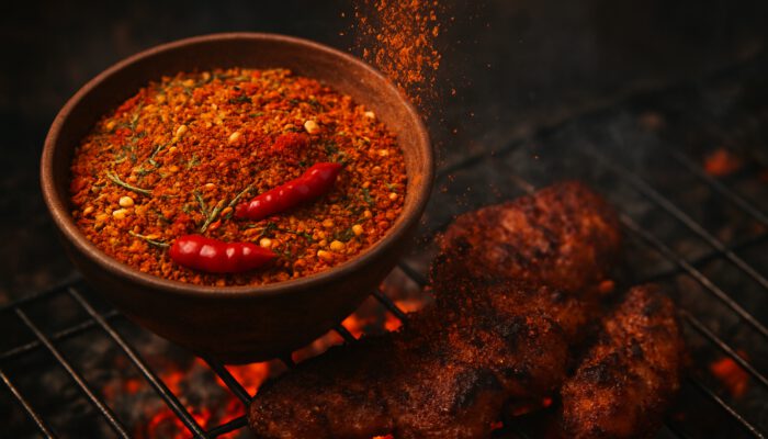 Homemade suya spice mix with red chilies and herbs sprinkled on sizzling grilled meat over glowing coals.