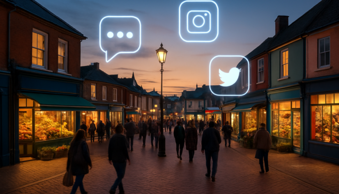 Bustling Poole town square at dusk with colourful shops and overlaid Facebook, Instagram, Twitter icons.