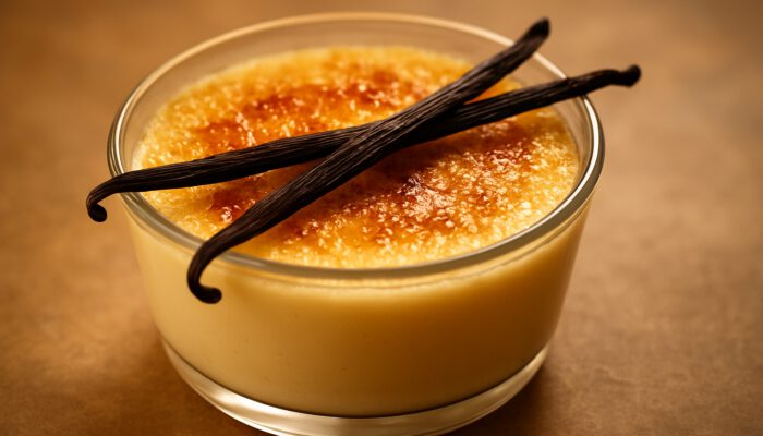 Creamy vanilla bean custard in a glass bowl, adorned with fresh vanilla pods and a golden caramelised top.