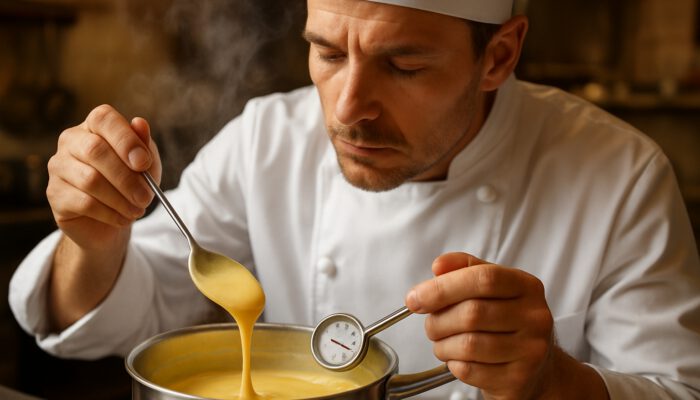 Chef stirring golden custard in a saucepan, monitoring the thermometer at 82°C as steam rises.