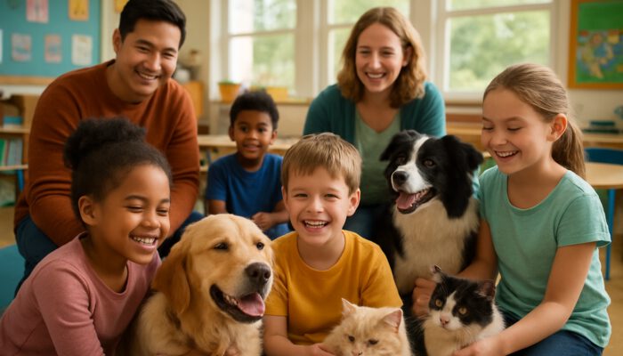 Students and teachers petting therapy dogs and cats in a joyful classroom environment for emotional support.