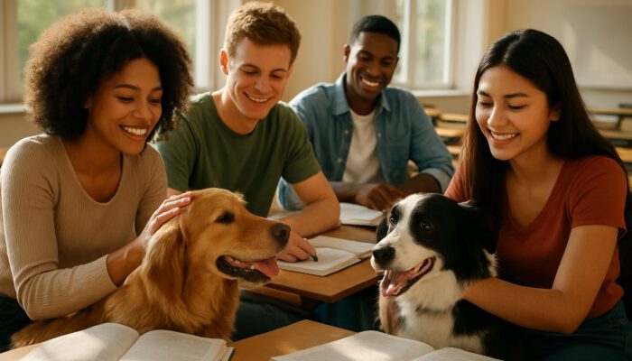 A diverse group of students smiling while petting therapy dogs and studying in a bright classroom.
