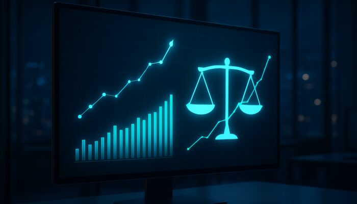 A modern financial dashboard displaying the Calmar Ratio, upward-trending stocks, and a risk-return balance.