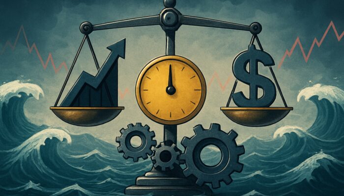 Financial scale balancing the Calmar Ratio amidst market fluctuations and adjustments for volatility and risk.