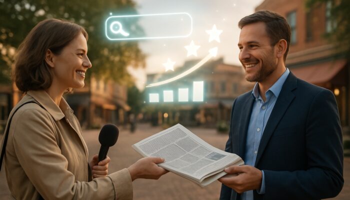 Journalist presenting a newspaper to a smiling business owner in a town square, surrounded by glowing SEO icons