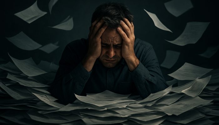 Reflecting on Your Debt Consolidation Journey: Valuable UK Insights | DCL Overwhelmed person buried under unpaid bills clutching head in financial despair