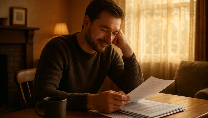 Reflecting on Your Debt Consolidation Journey: Valuable UK Insights | DCL Person reviewing merged debt papers in cosy British living room, showing quiet relief and clarity.
