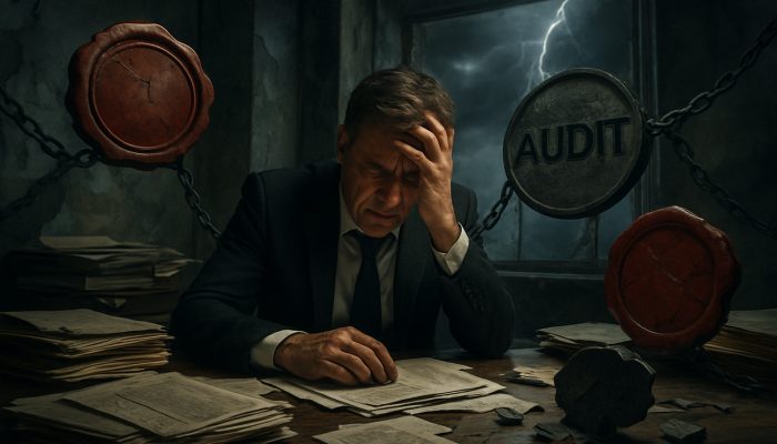 Stressed executive facing HMRC penalties, audits, and damaged reputation in a deteriorating office
