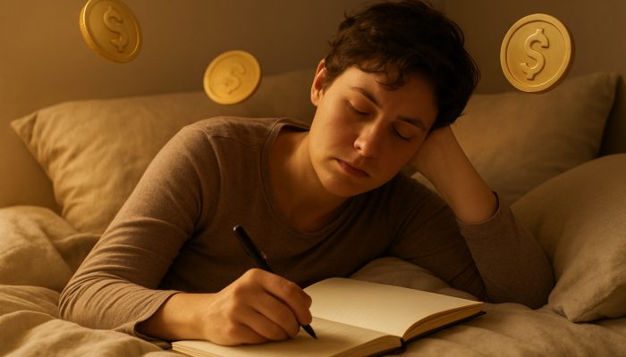 Creating Gentle Repayment Plans While Unwell: Guidance | DCL Tired individual resting in bed writing gentle debt repayment plan in journal with warm golden light