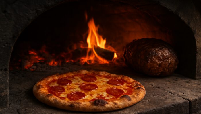 Rustic wood-fired oven with pizza on stone floor near flames and roast roasting further back.