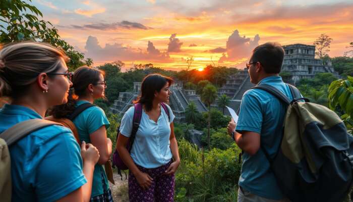 Diverse travellers explore ancient Mayan ruins in lush Belizean jungles, dressed respectfully, consulting a local guide with secured backpacks under a vibrant sunset.