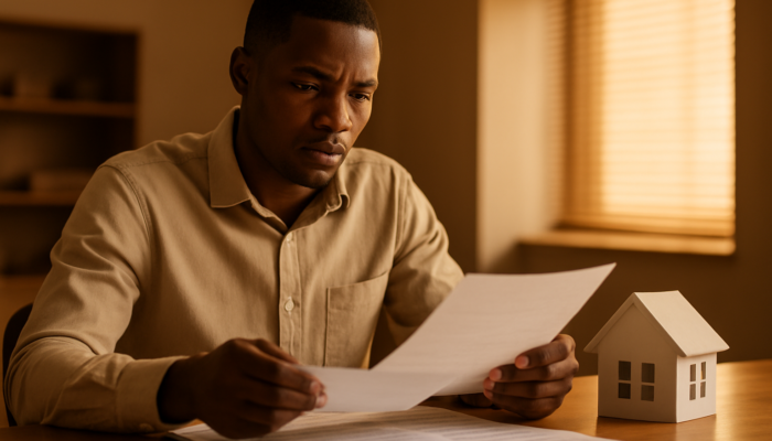 Focused South African applicant reviewing payslips and contracts for home loan at a bank.