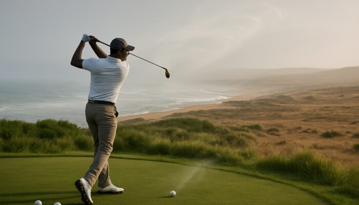 South African golfer selects low-compression balls on misty Durban coast with Karoo plains contrast and soaring ball in wind