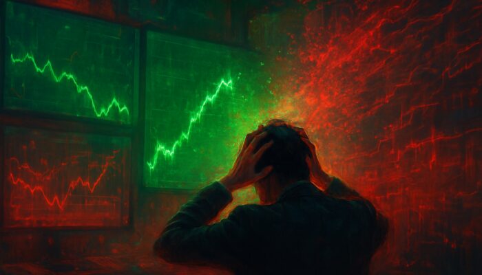 Frantic trader at glowing terminals watches partial IOC order execute in green flashes amid red mist and chaotic data