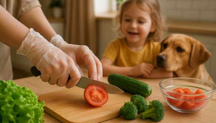 Hands in clear vinyl gloves preparing fresh food in a homely kitchen with a child and pet nearby