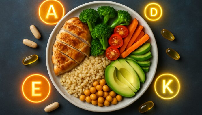 Well-balanced plate featuring sections for protein, carbohydrates, and fats alongside supplement capsules and vitamin icons