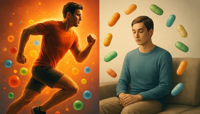 Illustration juxtaposing an energetic athlete with antioxidant multivitamins alongside a calm, sedentary figure with nutrient capsules.