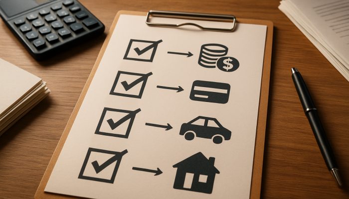 Wooden desk checklist for merging debts with icons, calculator, and paperwork