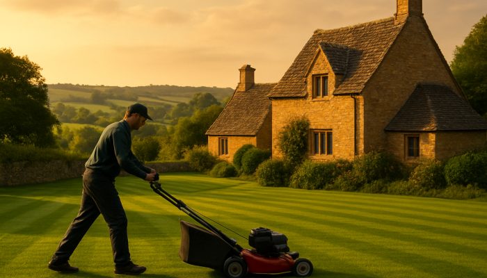 Gardener mowing pristine lawns beside traditional stone cottages in Haselbury Plucknett countryside