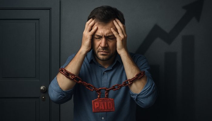 Stressed borrower restrained by missed payments before closed mortgage and loan doors with rising insurance costs