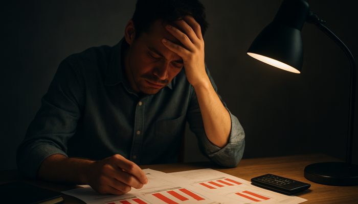 Signs Support Is Harming Your Finances: Identify The Risks | DCL Stressed individual reviewing UK bank statements highlighting deficits in rent and utility payments at desk