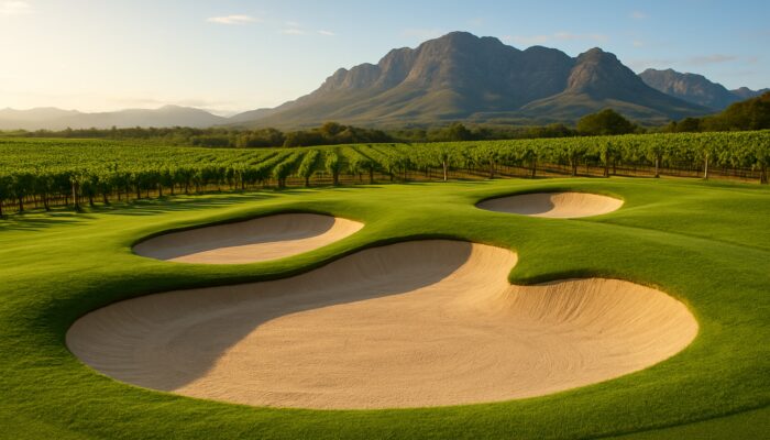 Well-maintained Cape Winelands golf bunkers with fine sand, surrounded by vineyards and rolling hills.