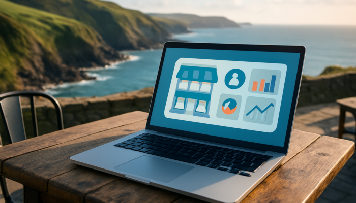 Laptop displaying small business website analytics on an Ilfracombe café table with view of the Devon coast