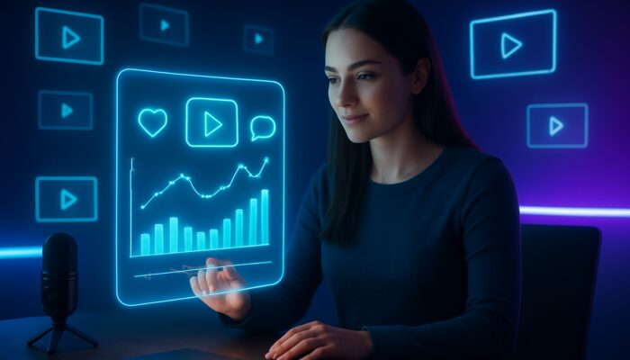 Content creator analysing holographic analytics dashboard with watch-time graphs and floating video thumbnails in neon studio