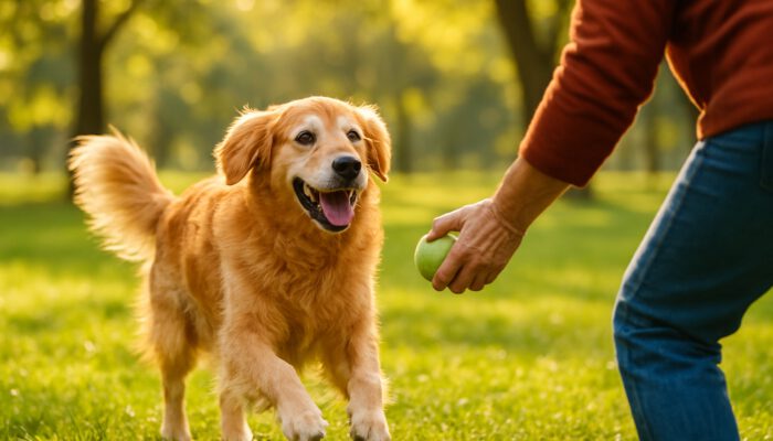 Senior golden retriever energetically playing fetch with owner in a sunny park