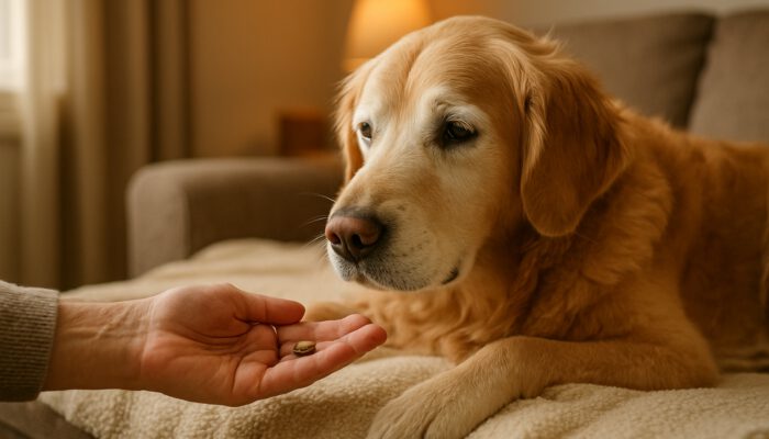 Elderly golden retriever receiving a treat from its owner on a comfortable blanket in a warm home